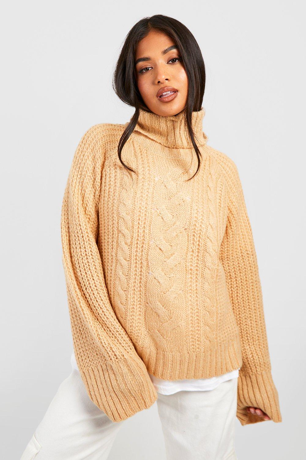 Womens Petite Roll Neck Cable Jumper - Beige - L, Beige